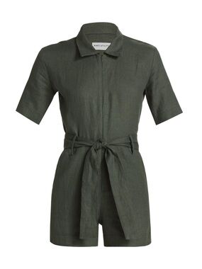 Rivet Utility Olive Short-Sleeve Linen Romper with Tie Waist